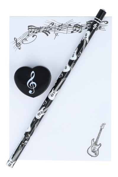 Schreibset mit Bleistift, Spitzer und A6-Block - Design: E-Gitarre