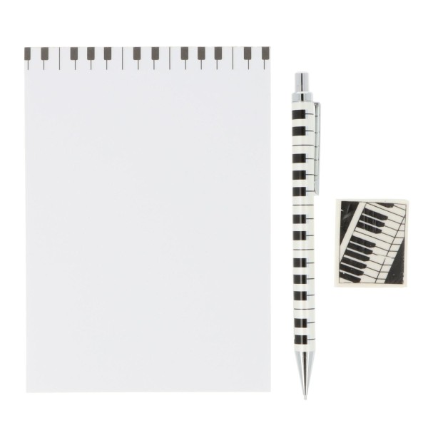 Schreibset mit Druckbleistift, Radierer und A6-Block - Motiv: Tastatur