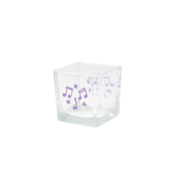 Teelichtglas mit Noten u. Sternen - lavendel