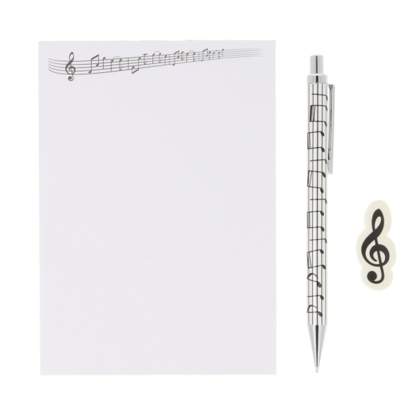 Schreibset mit Druckbleistift, Radierer und A6-Block - Motiv: Notenlinien
