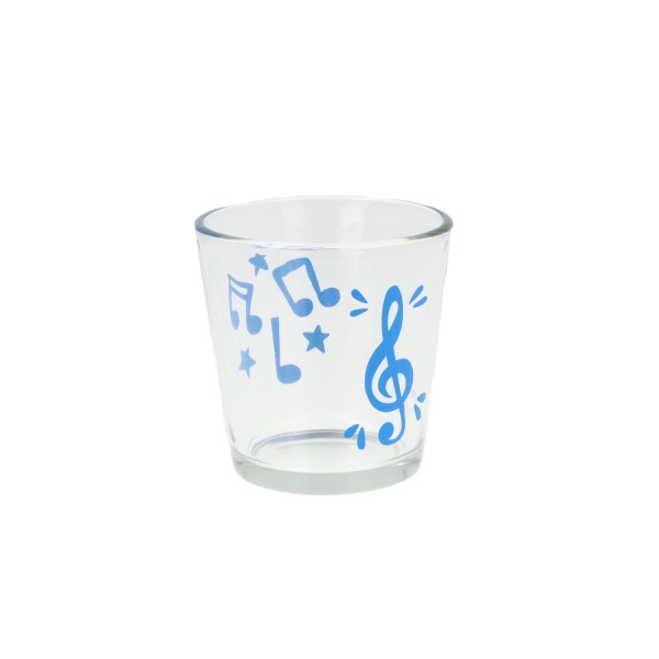 Teelichtglas mit Violinschlüssel, Noten und Sterne - azurblau